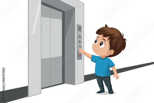 A cartoon boy pressing an elevator button in a modern building