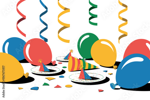 A colorful party scene with balloons, streamers, and confetti on a white background