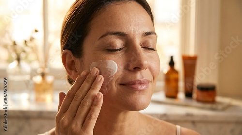 Woman applying cream to face skincare beauty routine indoor sunlight day