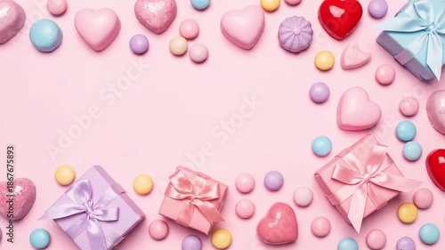 Festive and romantic composition of heart-shaped candies and gift boxes on a soft pink background, celebrating love and sweetness