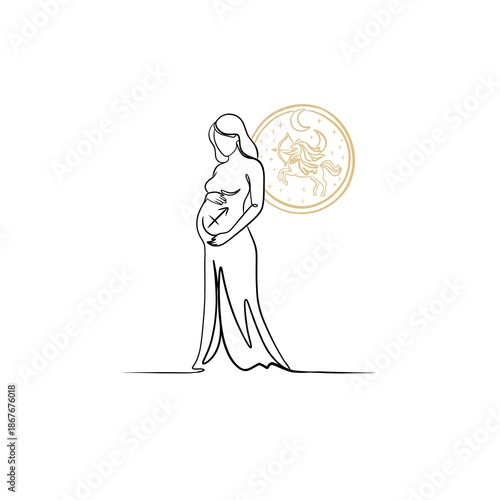 Minimalist continuous line art illustration of a pregnant woman with gold celestial Sagittarius archer centaur emblem and moon.