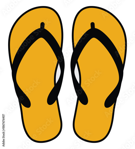 A pair of yellow flip flops with black straps on a white background