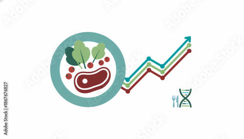 Nutrigenomics and personalized diet concept. Plate of food with growth chart and DNA symbol. Flat design vector illustration