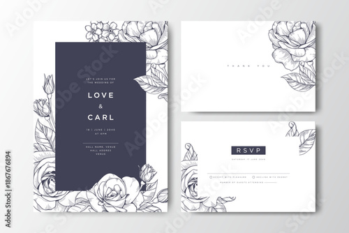 wedding invitation card with hand drawn roses flower decoration

