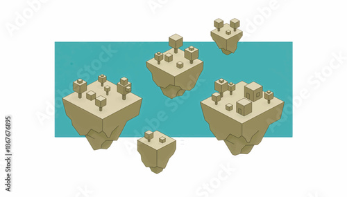 Isometric floating islands vector illustration. Blocky game level design elements with trees. Fantasy land terrain set