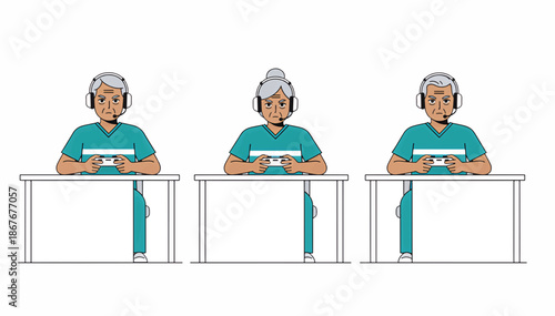 Senior citizens gaming in medical scrubs. Flat design vector illustration of elderly people with headsets and controllers. Retirement home activity and technology concept