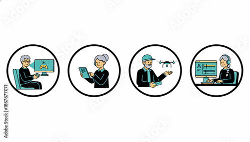 Elderly people using technology icon set. Flat design vector illustration of seniors with computer, tablet, drone and gaming. Digital literacy for seniors concept. Isolated on white background