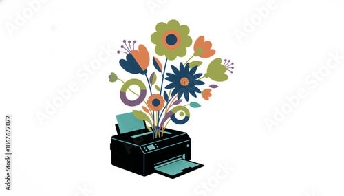 Printer with blooming flowers and creative ideas. Flat design vector illustration. Creativity and printing concept isolated on white background