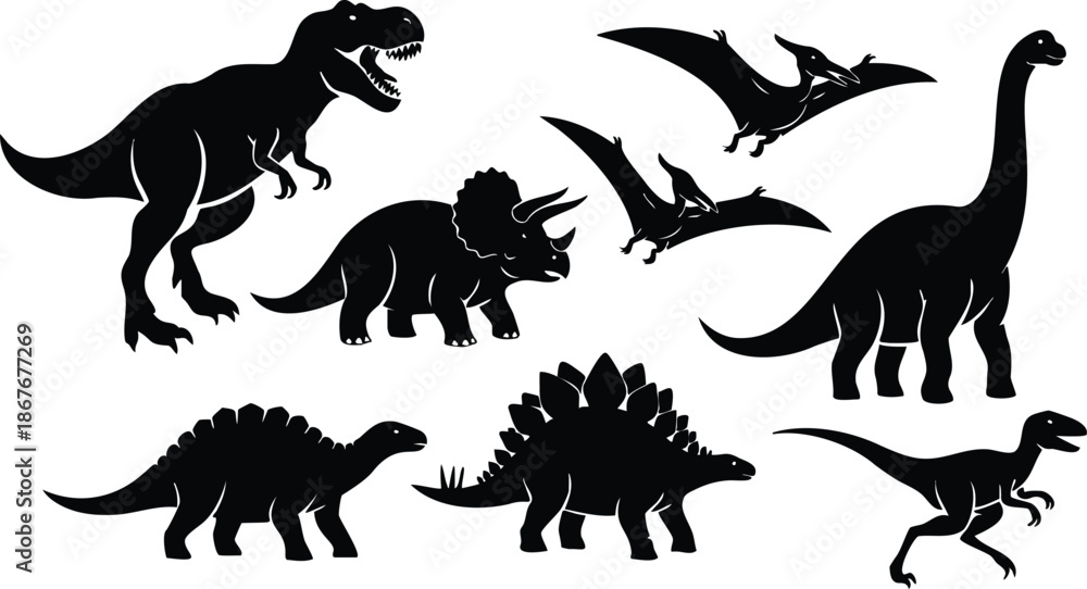 Obraz premium Silhouette vector flat design set of eight dinosaur silhouettes showing t rex triceratops stegosaurus brachiosaurus pterodactyl velociraptor side view bold shapes high contrast black white icon