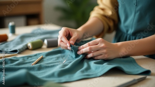 A woman sews teal fabric with a needle and thread in a quiet workspace, surrounded by threads and tools, conveying a sense of calm focus and creativit