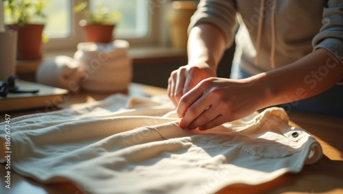 A woman in a cozy room sewing a white fabric, illuminated by natural light from a nearby window.