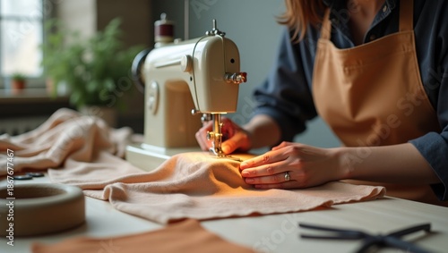 A woman in an apron sewing with a vintage machine, surrounded by fabric and tools, conveying a sense of creativity and productivity.