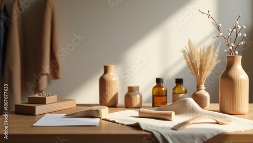 A serene still life of wooden objects on a table, evoking a sense of calmness and minimalism.