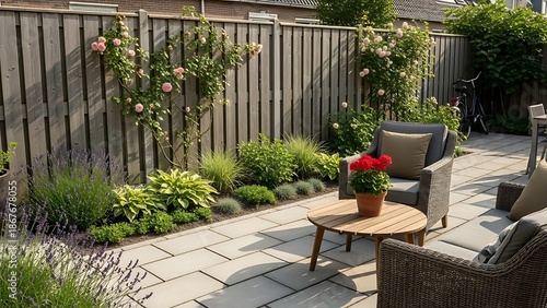 Neat paved patio with sitting area and small garden near wooden fence, cleyne raboesdreef, amsterdam - modern architectural showcase