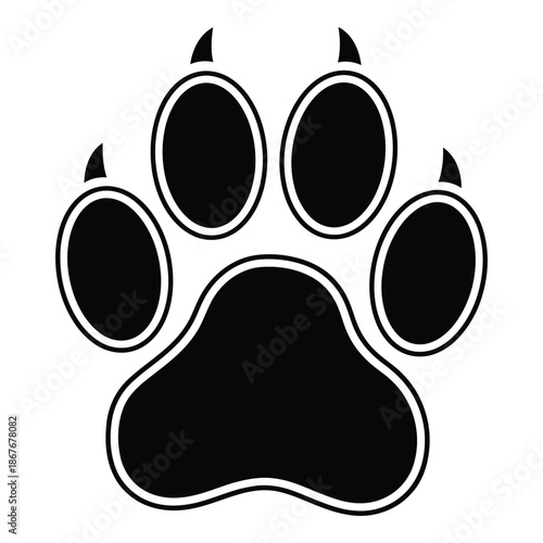 A simple black and white illustration of a large animal paw print