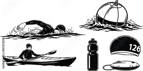 Vector line art open water swimmer kayaking buoy swim cap numbered rescue tube and water bottle set in minimalist sport equipment composition side view action splash