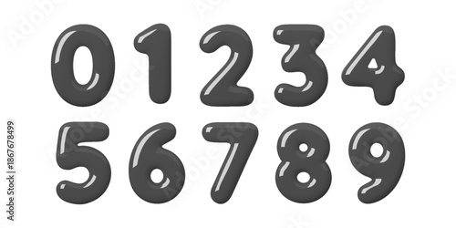 Glossy 3D number set in smooth grey balloon style. Soft inflated digits with shiny highlights create a cute grey bubble look for playful layouts, celebrations and modern 3D number designs