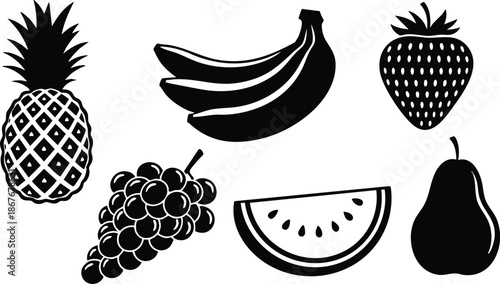 Flat design top view fruit icon set pineapple bananas strawberry grapes watermelon pear black silhouette vector art simple bold shapes for packaging labels organic healthy produce