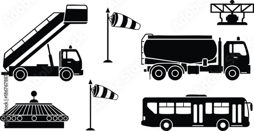 Vector transport icon set airport ground vehicles tanker bus stair truck windsock radar control tower side view black silhouette flat minimal monochrome profile utility service fleet