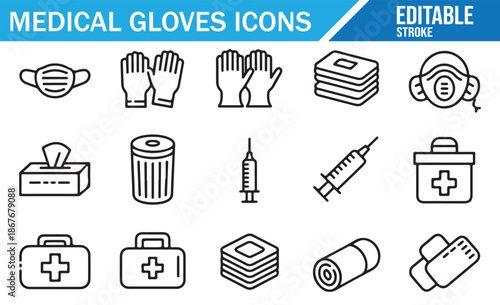 Medical Safety Gear Icons Set - Vector Outline.