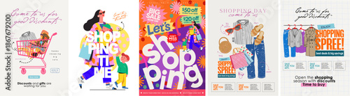 Sale and Shopping. Vector modern illustrations of a grocery basket with items, a fashionable family with children going shopping with bags, clothes on hangers for a discount poster, brochure, leaflet 