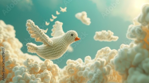 The image depicts a charming scene where a bird, crafted from white yarn, appears to be in mid-flight among a serene sky. The backdrop features a soft, pastel blue sky filled with fluffy, cotton-like