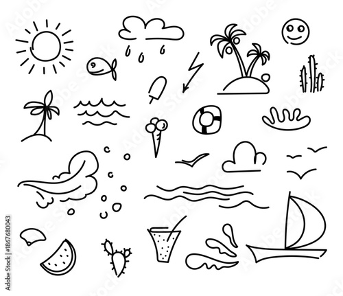 Summer Beach Vacation Doodle Elements Vector Illustration Isolated on White Background, Hand Drawn Line Art Icons of Ocean Waves, Sun, Palm Tree, Ice Cream and Seagulls