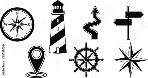 Minimalist line art nautical navigation icon set showing compass rose lighthouse ship wheel map pin signpost winding road arrow directional symbols flat vector black white simple