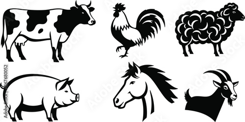 Flat design black farm animal silhouettes six icons cow pig horse goat rooster sheep profile scalable logo isolated on white background scalable