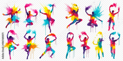 Vibrant watercolor silhouettes of dancing people with colorful paint splashes and drips.