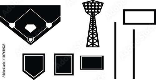 Flat design aerial view baseball field icons set showing home plate diamond floodlight tower signage posts shield badge square rectangle emblems in bold black vector minimal