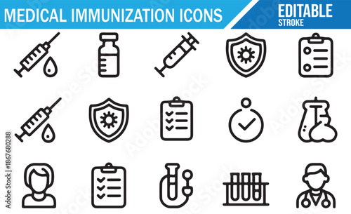 Doctor, Syringe, and Vaccine Line Art Symbols Set