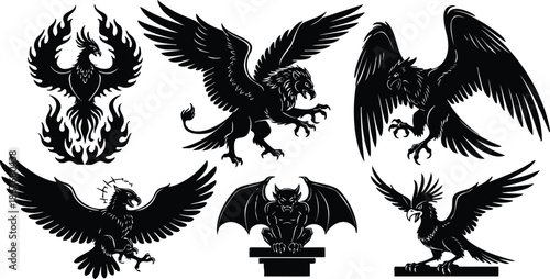 Tattoo flash heraldic eagle phoenix and griffin silhouettes with wings spread perched talons extended gothic vector art set high contrast black on white isolated emblem collection