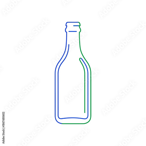 Minimalist outline of a glass bottle with a gradient of blue to green, isolated on white.