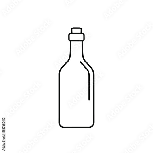 Minimalist outline of a glass bottle with a stopper, clean design on white background.