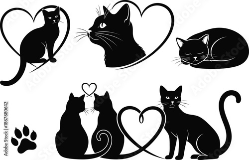 A delightful collection of black cat silhouettes showing various poses including hearts paw prints and affectionate interactions creating a charming feline scene