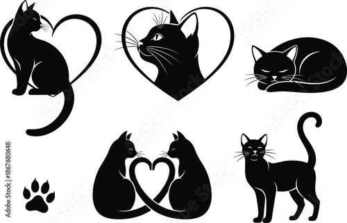 A collection of stylized black cat silhouettes displaying various poses including sitting lying down and forming heart shapes with a paw print