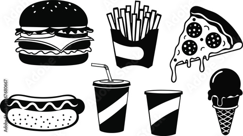 Flat design top down assorted fast food icons burger fries pizza slice hot dog soda cup paper cup ice cream cone simple black silhouette set collection