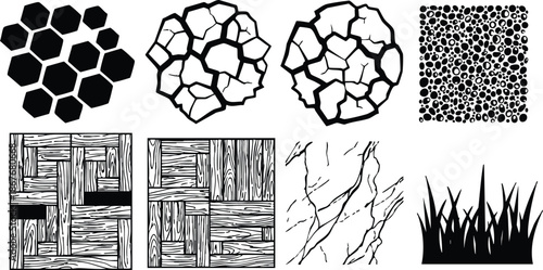 Flat vector texture collection close up hexagon cracked earth pebble wood parquet vein lines grass silhouette top view black and white seamless tileable editable scalable repeatable