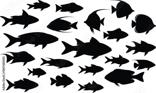 a collection of black silhouettes depicting a school of various fish swimming together in a fluid and dynamic composition high quality