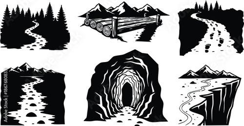 Linocut style six landscape panels showing winding paths forest cave cliff mountains logs footprints black and white detailed vector icons high contrast rustic mood
