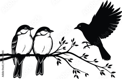 a minimalist black and white illustration depicts two birds perched on a branch while a third bird takes flight nearby