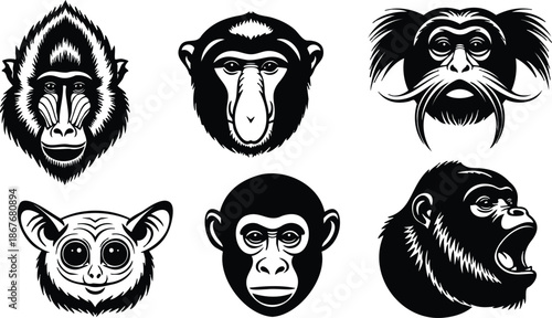 Tattoo flash six primate faces front and profile set showing mandrill lemur chimpanzee orangutan gibbon expressive roaring and calm expressions bold black line art vector icons