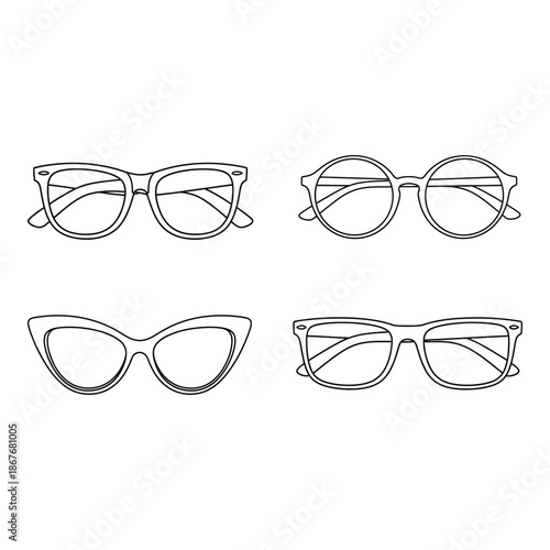 Four different styles of eyeglasses are displayed in a simple line art illustration