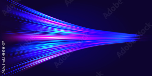 Dynamic light trails and motion blur effect on a dark background. Representing high speed data transfer, fiber optics, and futuristic telecommunications technology.