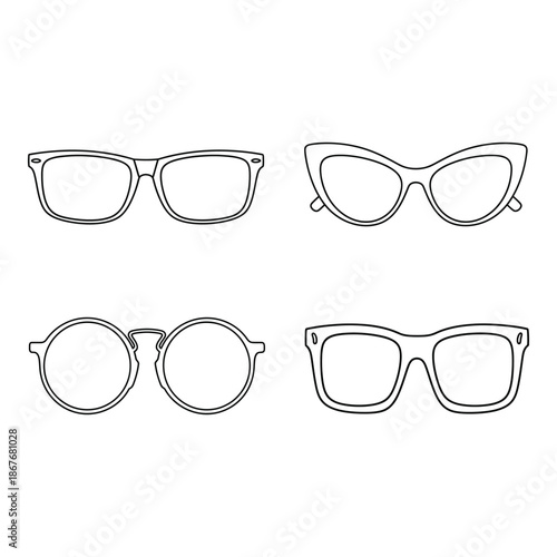 Four pairs of fashion eyeglasses in a simple black and white outline style