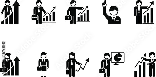 Business icons depicting various professionals with graphs and charts isolated on white background