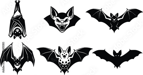 Flat design set of six bat silhouettes varied poses hanging flying front view close up upside down spooky mascot style simple black and white vector icons graphic collection