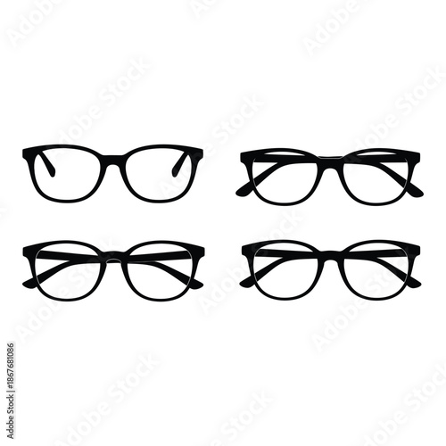 Four pairs of black framed eyeglasses displayed on a plain white background