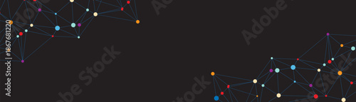 Technology connection header, multicolor node network with thin line links and white copy space for AI blockchain internet and science presentation template